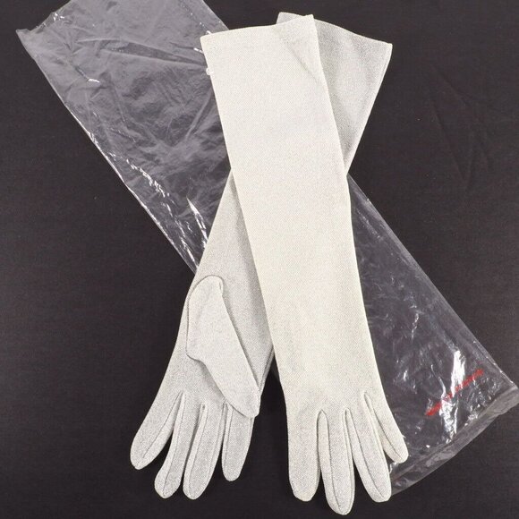 Vintage Womens Opera Gloves Size M Metalic Silver NOS 15 Inch Long Hello 80s - Picture 1 of 9